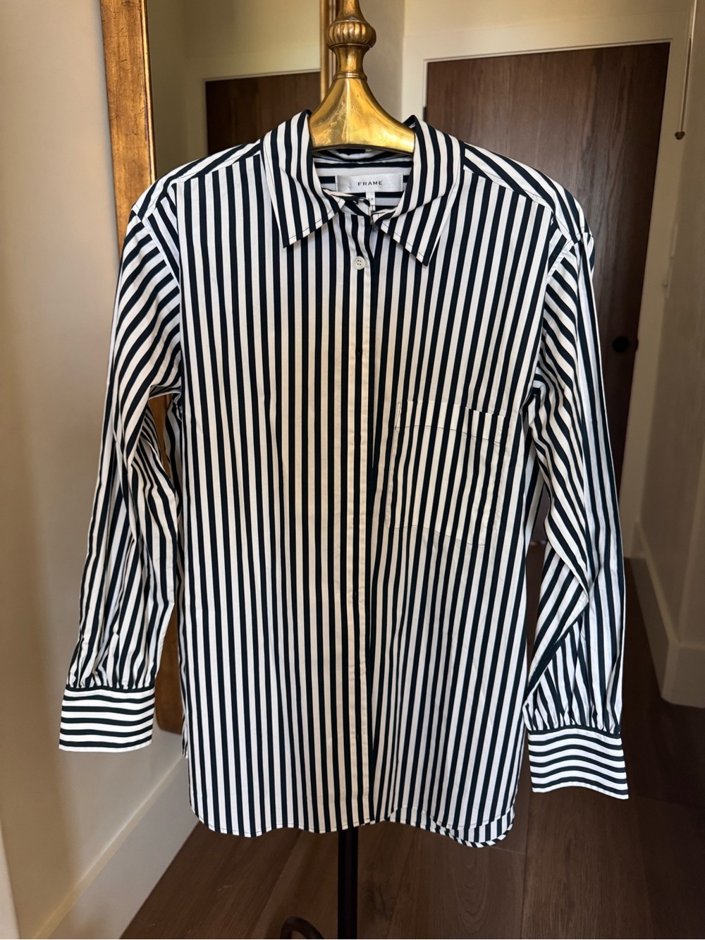 Frame Denim Black and White Striped Button-Down Shirt